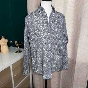 Grayson Anthropologie Button Down V-Neck White Top Dainty Navy Butterfly Print